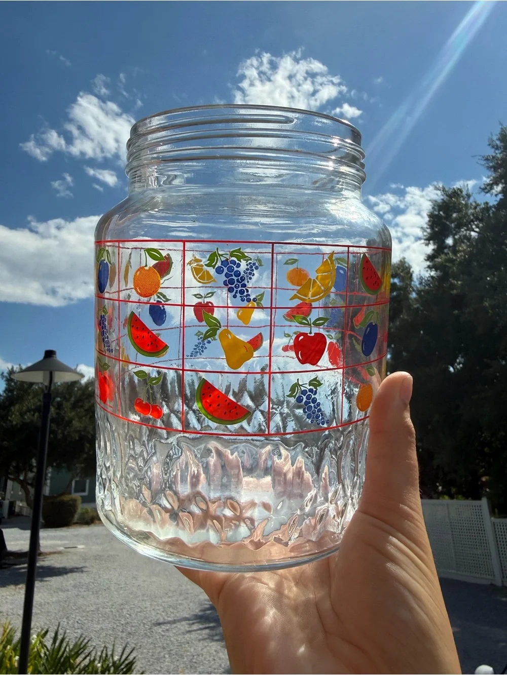 Vintage Clear Glass Fruit Canister - Colorful Fruit Decals
